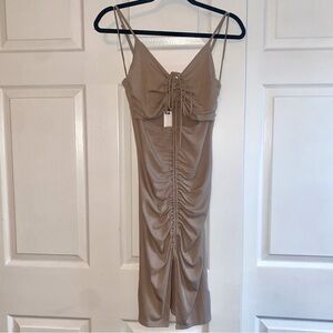 Steve Madden BB Dakota Tan Ruched Take A Peek Midi Dress